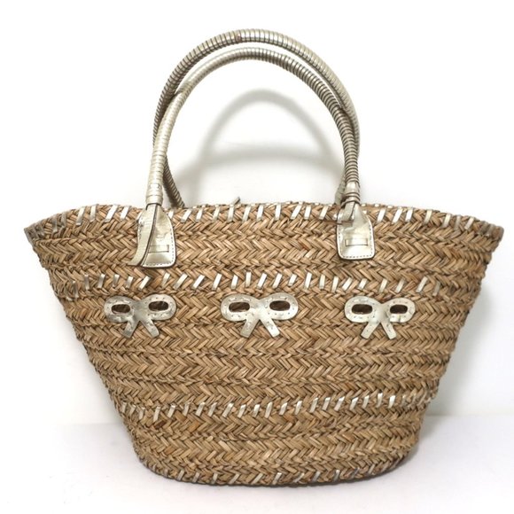 ANYA HINDMARCH BEACH LARGE BASKET TOTE GOLD LEATHER-TRIM RAFFIA SHOULDER BAG - Picture 2 of 10